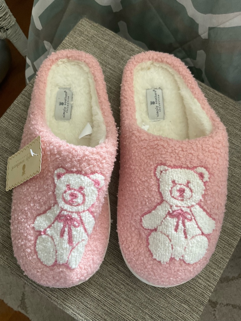 Simply Southern Pink Teddy Bear Fuzzy Slip-Ons